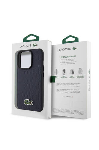 iPhone 15 Pro Max Kılıf Lacoste Lisanslı PU Pike Desenli İkonik Timsah Dokuma Logo Lacivert