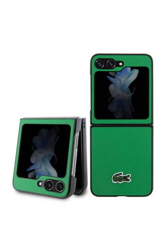 Galaxy Z Flip 5 Uyumlu Kılıf Lacoste Lisanslı PU Pike Desenli İkonik Timsah Logolu Yeşil