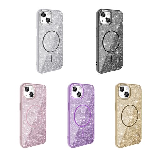 iPhone 13 Kılıf Magsafe Şarj Özellikli Parlayan Simli Okso Kapak