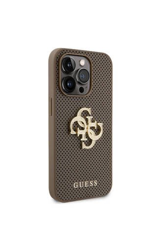 iPhone 15 Pro Uyumlu Kılıf Guess Lisanslı Delikli 4G Glitter Büyük Metal Logolu Kahverengi