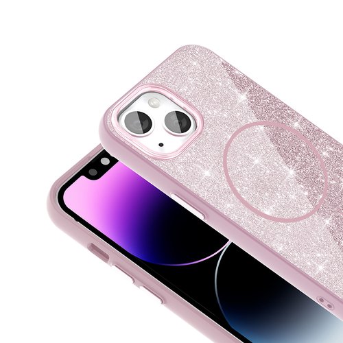 iPhone 14 Kılıf Magsafe Şarj Özellikli Parlayan Simli Okso Kapak