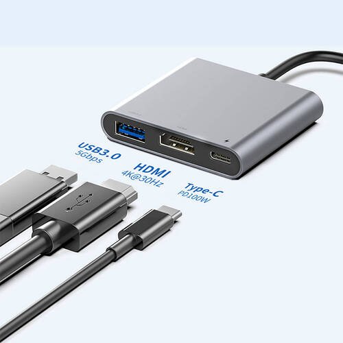 Recci RH05 Type-C to Type-C PD100W/HDMI 4K@30Hz/USB3.0 Destekli 3in1 Hub Çoğaltıcı