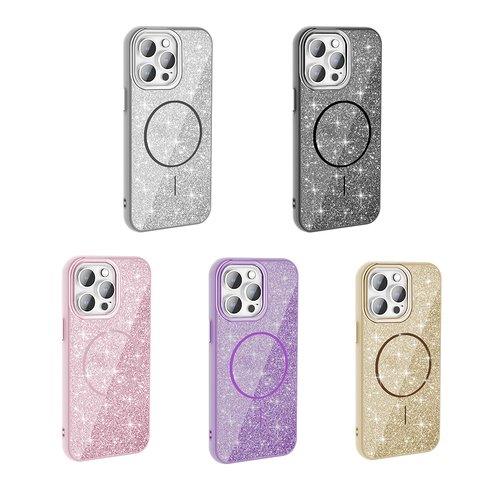 iPhone 14 Pro Max Kılıf Magsafe Şarj Özellikli Parlayan Simli Okso Kapak