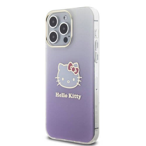 iPhone 15 Pro Max Kılıf Hello Kitty Orjinal Lisans Yazı ve İkonik Logo Elektroplating Gradyan Mor