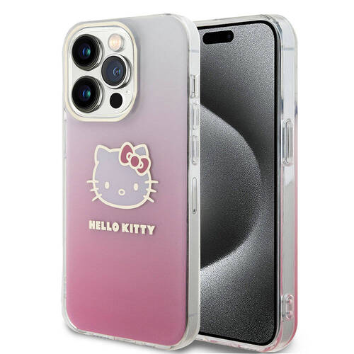 iPhone 15 Pro Max Kılıf Hello Kitty Orjinal Lisans Yazı ve İkonik Logo Elektroplating Gradyan Pembe