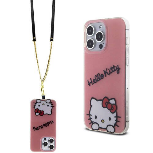 iPhone 15 Pro Max Kılıf Hello Kitty Orjinal Lisanslı Askılı Yazı ve İkonik Logolu Daydreaming Pembe