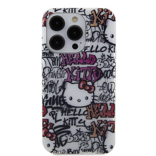 iPhone 15 Pro Max Kılıf Hello Kitty Orjinal Lisanslı İkonik Logolu Etiket Graffiti Kapak Beyaz