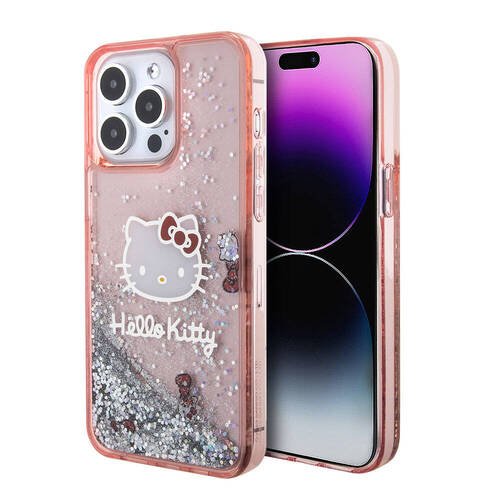 iPhone 15 Pro Max Kılıf Hello Kitty Orjinal Lisanslı İkonik Sıvılı Glitter Kapak Pembe