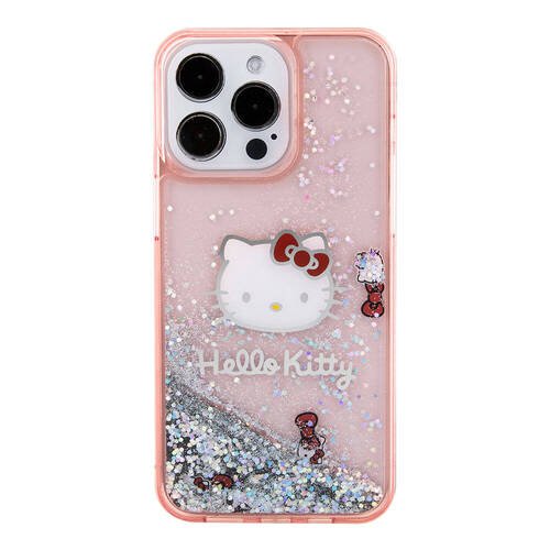 iPhone 15 Pro Max Kılıf Hello Kitty Orjinal Lisanslı İkonik Sıvılı Glitter Kapak Pembe