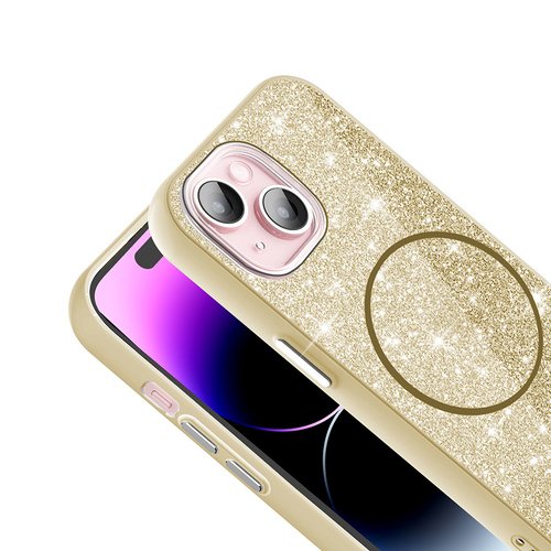 iPhone 15 Kılıf Magsafe Şarj Özellikli Parlayan Simli Okso Kapak