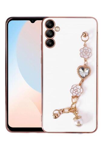 Galaxy A14 Kılıf Kalpli Çiçekli Bileklik Zincirli Kamera Korumalı Kenarları Gold Renk, Silikon