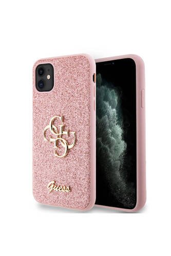 iPhone 11 Uyumlu Kılıf Lisanslı 4G Büyük Metal Logolu Glitter Kapak Pembe