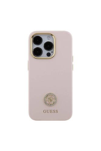 15 Pro uyumlu Kılıf Guess Lisanslı Yazı ve Taşlı 4G Logolu Metal Kamera Çerçeveli Pembe