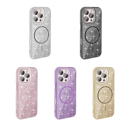 iPhone 16 Pro Kılıf Magsafe Şarj Özellikli Parlayan Simli Okso Kapak