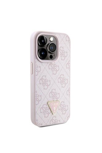 iPhone 15 Pro Kılıf Guess Lisanslı PU Deri Askılı Taşlı Üçgen Logo 4G Desenli Strass Crossbody Pembe