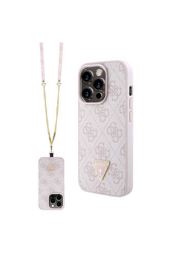 iPhone 15 Pro Kılıf Guess Lisanslı PU Deri Askılı Taşlı Üçgen Logo 4G Desenli Strass Crossbody Pembe