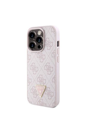 iPhone 15 Pro Kılıf Guess Lisanslı PU Deri Askılı Taşlı Üçgen Logo 4G Desenli Strass Crossbody Pembe