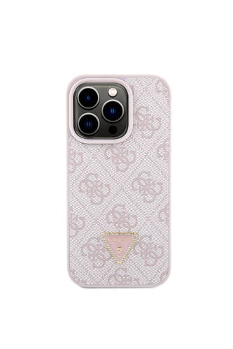 iPhone 15 Pro Kılıf Guess Lisanslı PU Deri Askılı Taşlı Üçgen Logo 4G Desenli Strass Crossbody Pembe