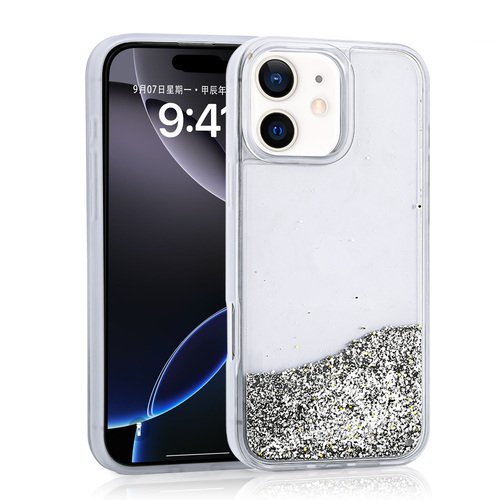 iPhone 12 Kılıf Sıvılı Simli Şeffaf Arka Yüzey Liquid Glittery Silikon Kapak