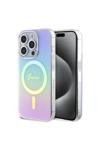 iPhone 15 Pro Max Uyumlu Kılıf Guess Lisanslı Magsafe Şarj Özellik Yazı Logo Iridescent Mor