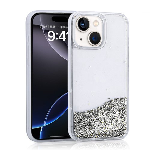 iPhone 13 Kılıf Sıvılı Simli Şeffaf Arka Yüzey Liquid Glittery Silikon Kapak