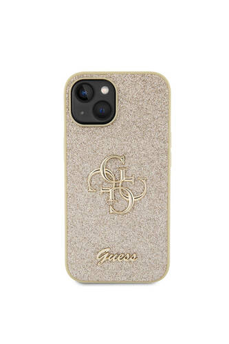 iPhone 15 Uyumlu Kılıf Guess Lisanslı 4G Büyük Metal Logolu Glitter Kapak Gold