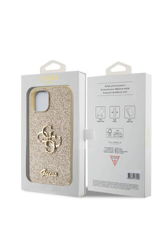 iPhone 15 Uyumlu Kılıf Guess Lisanslı 4G Büyük Metal Logolu Glitter Kapak Gold