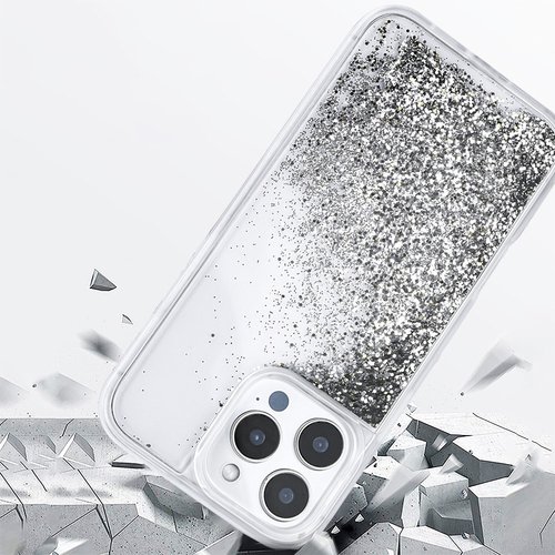 iPhone 14 Pro Max Kılıf Sıvılı Simli Şeffaf Arka Yüzey Liquid Glittery Silikon Kapak