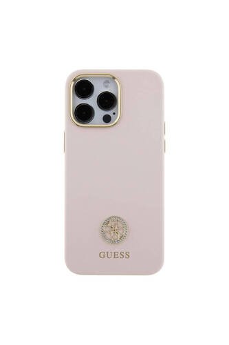 iPhone 15 Pro Max Kılıf Guess Lisanslı Yazı ve Taşlı 4G Logo Kamera Çerçeveli Silikon Pembe