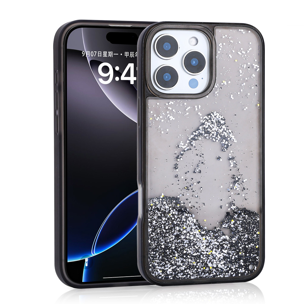 iPhone 15 Pro Max Kılıf Sıvılı Simli Şeffaf Arka Yüzey Liquid Glittery Silikon Kapak