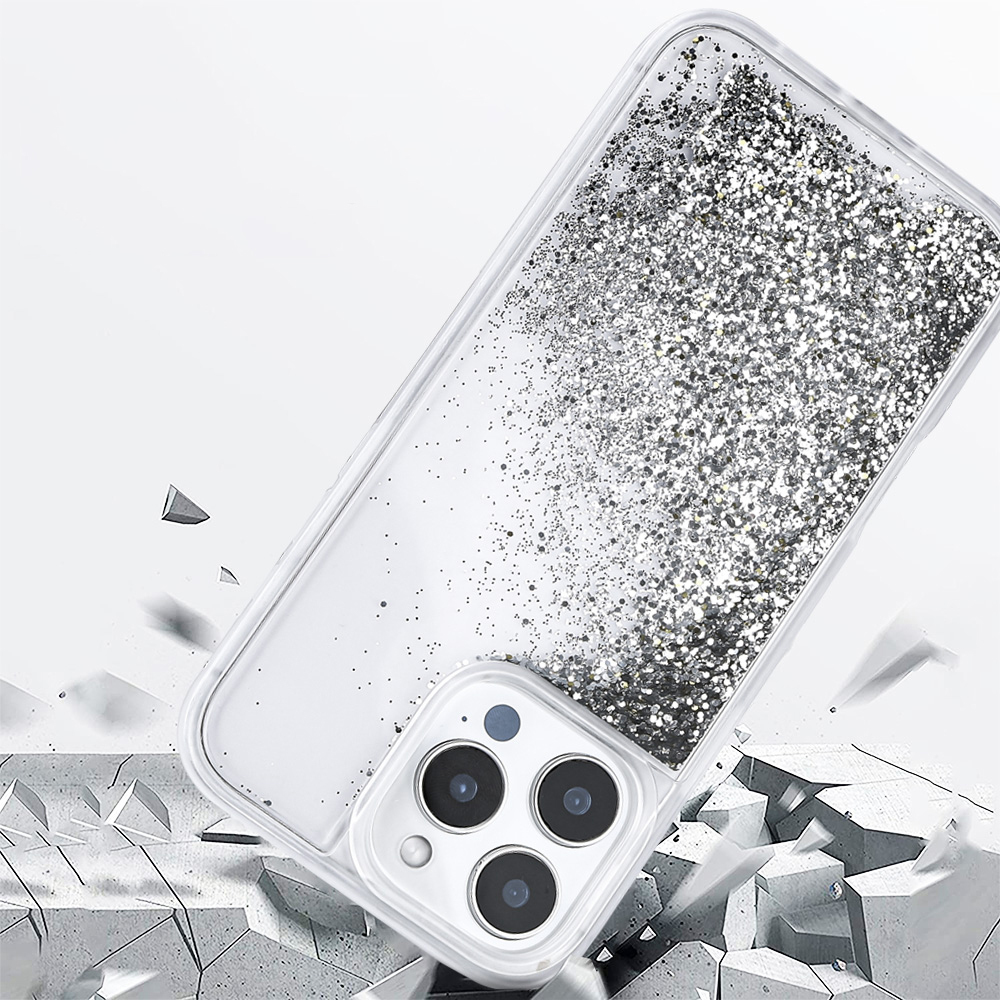 iPhone 15 Pro Max Kılıf Sıvılı Simli Şeffaf Arka Yüzey Liquid Glittery Silikon Kapak