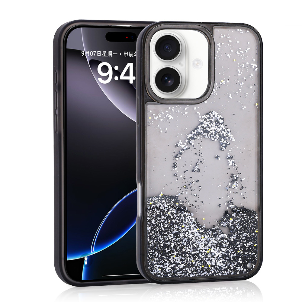 iPhone 16 Kılıf Sıvılı Simli Şeffaf Arka Yüzey Liquid Glittery Silikon Kapak