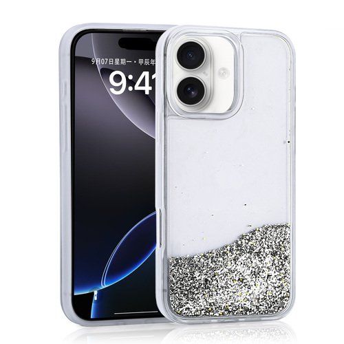 iPhone 16 Kılıf Sıvılı Simli Şeffaf Arka Yüzey Liquid Glittery Silikon Kapak