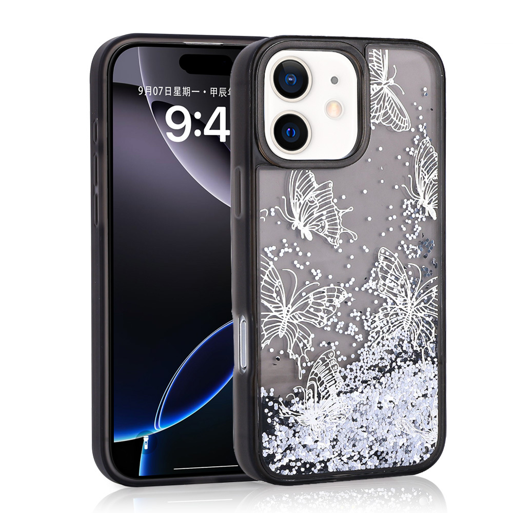 iPhone 11 Kılıf Sıvılı Simli Kelebek Tasarım Şeffaf Liquid Glittery Silikon Kapak