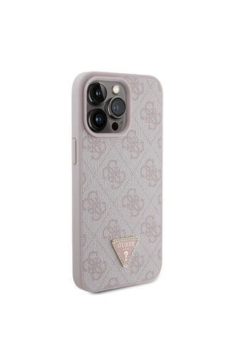 iPhone 15 Pro Max Uyumlu Kılıf Guess Lisans PU Deri Taşlı Üçgen Logo 4G Desen Strass Pembe