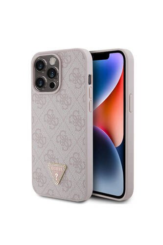 iPhone 15 Pro Max Uyumlu Kılıf Guess Lisans PU Deri Taşlı Üçgen Logo 4G Desen Strass Pembe