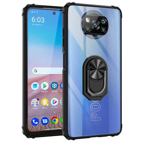 Xiaomi Poco X3 Kılıf Yüzüklü Standlı Manyetik Şeffaf Armor Zırh