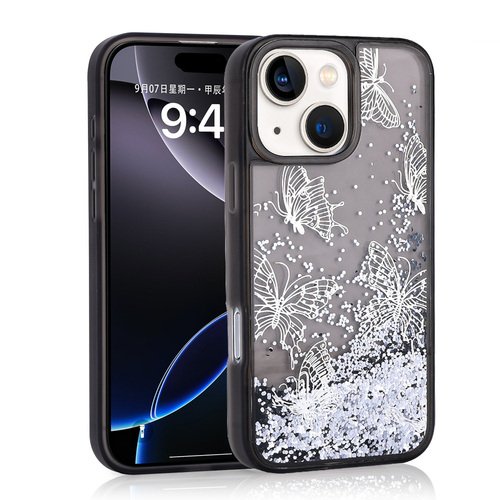 iPhone 14 Kılıf Sıvılı Simli Kelebek Tasarım Şeffaf Liquid Glittery Silikon Kapak