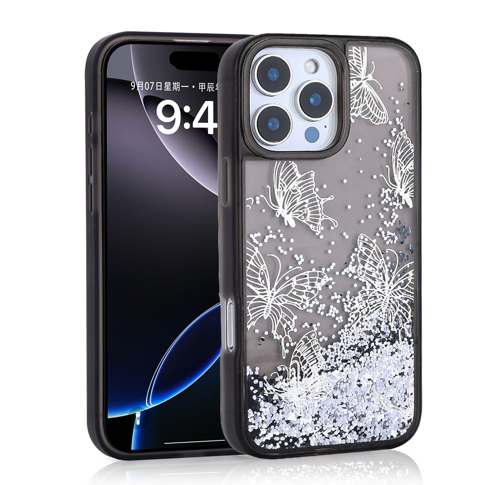 iPhone 14 Pro Max Kılıf Sıvılı Simli Kelebek Tasarım Şeffaf Liquid Glittery Silikon Kapak