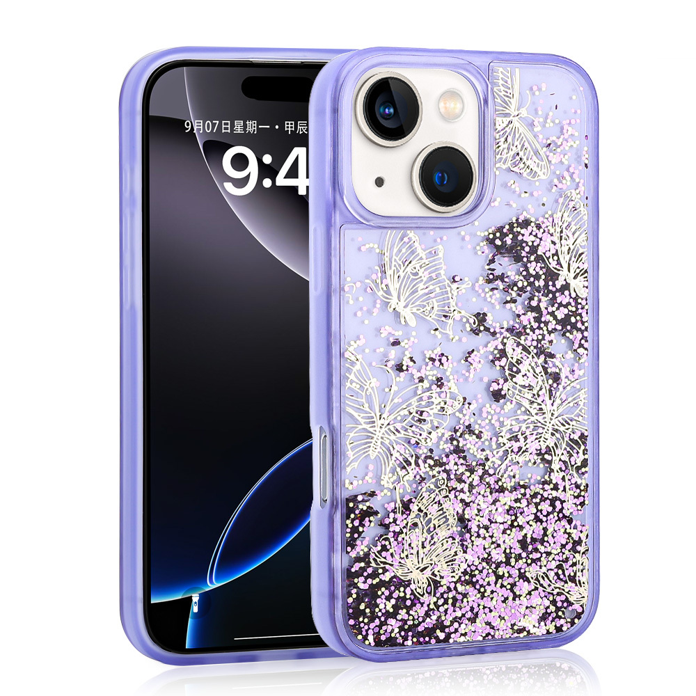 iPhone 15 Kılıf Sıvılı Simli Kelebek Tasarım Şeffaf Liquid Glittery Silikon Kapak