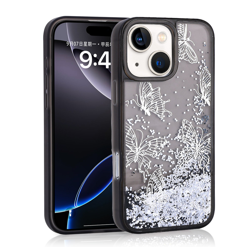 iPhone 15 Kılıf Sıvılı Simli Kelebek Tasarım Şeffaf Liquid Glittery Silikon Kapak