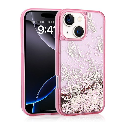 iPhone 15 Kılıf Sıvılı Simli Kelebek Tasarım Şeffaf Liquid Glittery Silikon Kapak