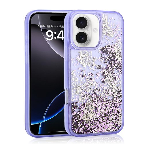 iPhone 16 Kılıf Sıvılı Simli Kelebek Tasarım Şeffaf Liquid Glittery Silikon Kapak