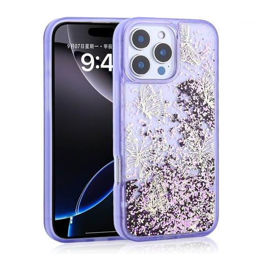 iPhone 16 Pro Kılıf Sıvılı Simli Kelebek Tasarım Şeffaf Liquid Glittery Silikon Kapak