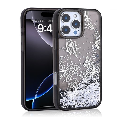 iPhone 16 Pro Kılıf Sıvılı Simli Kelebek Tasarım Şeffaf Liquid Glittery Silikon Kapak
