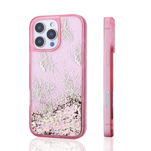 iPhone 16 Pro Max Kılıf Sıvılı Simli Kelebek Tasarım Şeffaf Liquid Glittery Silikon Kapak