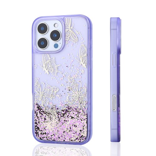 iPhone 16 Pro Max Kılıf Sıvılı Simli Kelebek Tasarım Şeffaf Liquid Glittery Silikon Kapak
