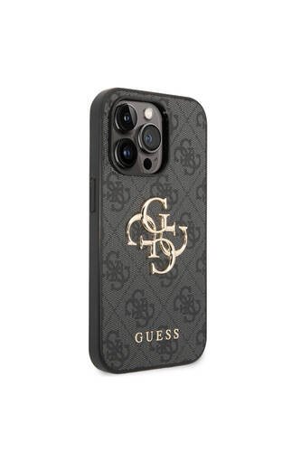 iPhone 15 Pro Max Uyumlu Kılıf Guess Lisanslı PU Deri Yazı ve 4G Metal Logolu Desenli Gri