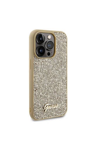 iPhone 15 Pro Uyumlu Kılıf Guess Lisanslı Yazı Logolu Disco Script Metal Kapak Gold