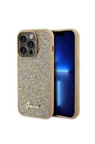 iPhone 15 Pro Uyumlu Kılıf Guess Lisanslı Yazı Logolu Disco Script Metal Kapak Gold